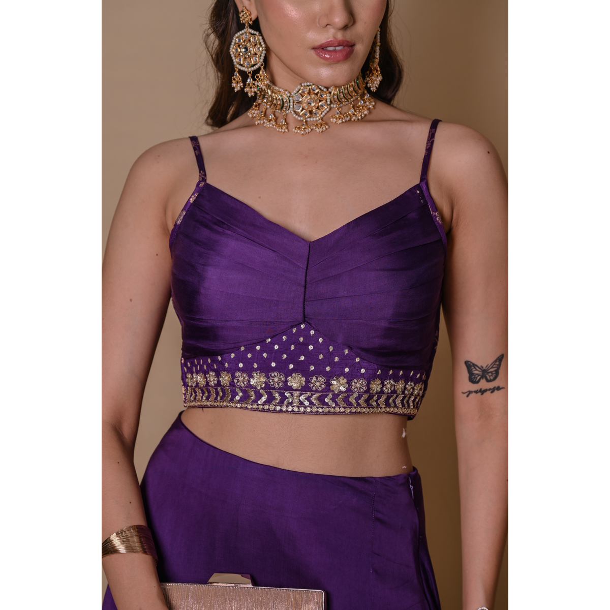 Purple bell sleeves jacket & skirt set