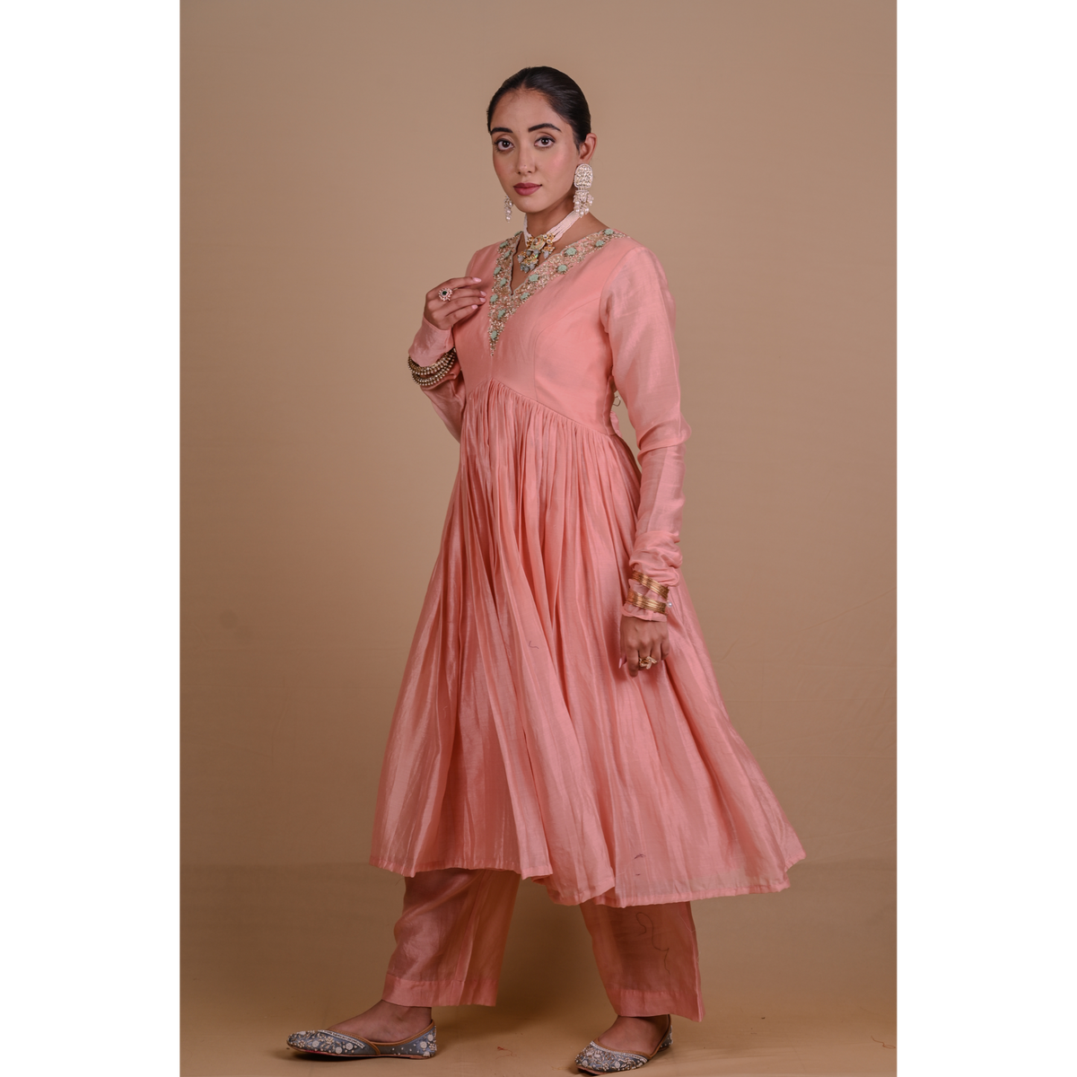 Peach Chanderi Anarkali