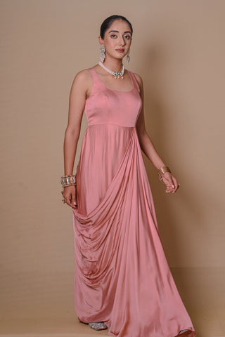 Peach pre draped jacket & gown set