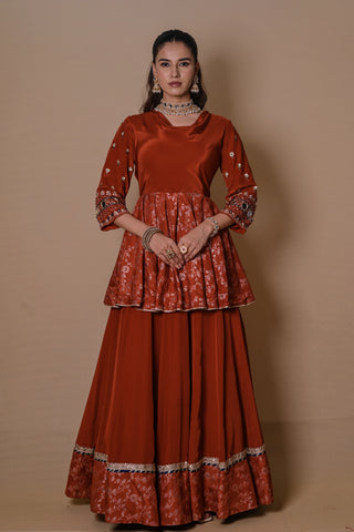 Rust Brown cowl lehenga set