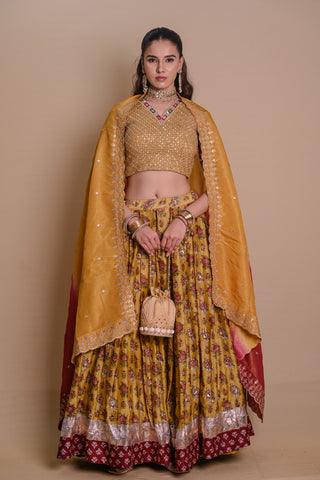 Mustard Yellow Begum Chanderi Lehenga