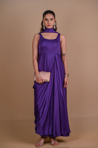 Purple pre draped jacket & gown set