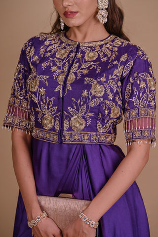 Purple pre draped jacket & gown set