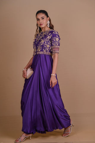 Purple pre draped jacket & gown set