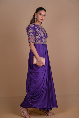 Purple pre draped jacket & gown set