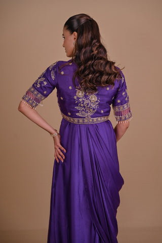 Purple pre draped jacket & gown set