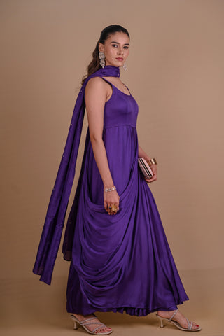 Purple pre draped jacket & gown set