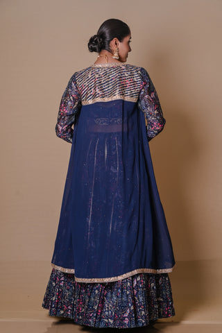 Navy blue floral lehenga-jacket set