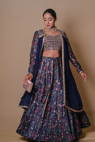 Navy blue floral lehenga-jacket set