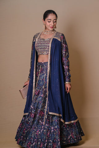 Navy blue floral lehenga-jacket set