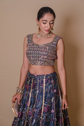 Navy blue floral lehenga-jacket set