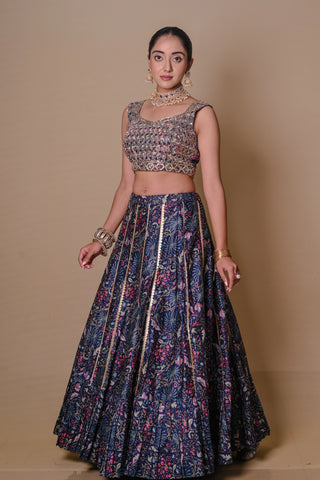 Navy blue floral lehenga-jacket set