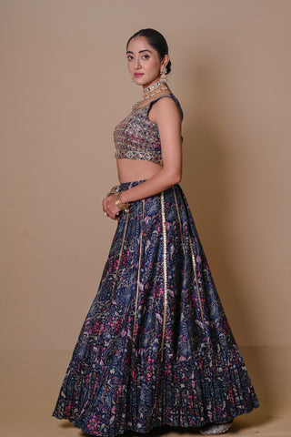 Navy blue floral lehenga-jacket set
