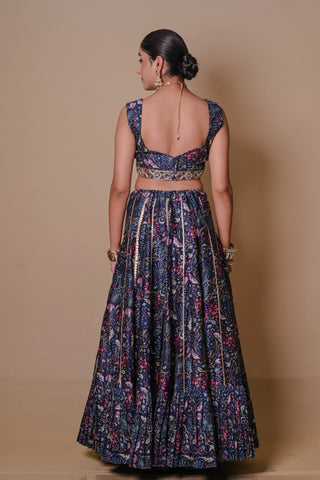 Navy blue floral lehenga-jacket set