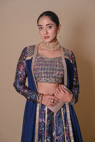 Navy blue floral lehenga-jacket set