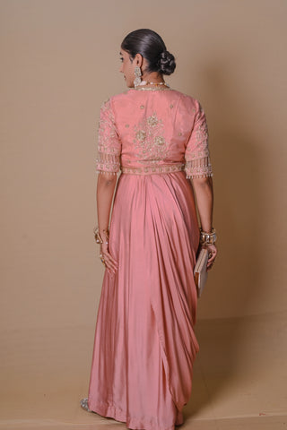 Peach pre draped jacket & gown set