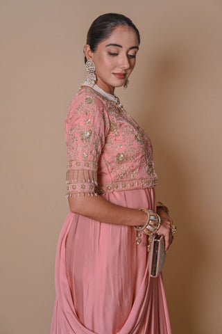 Peach pre draped jacket & gown set