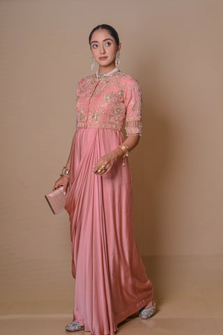 Peach pre draped jacket & gown set