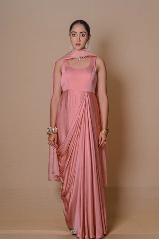 Peach pre draped jacket & gown set