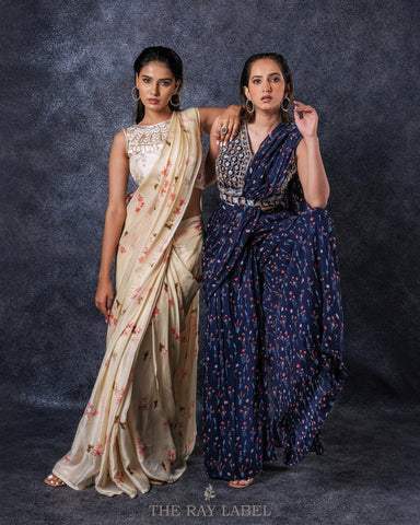 Navy Blue Floral Pre-Draped Saree Set