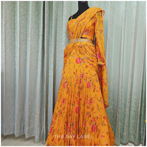 Floral Pre-draped Saree Set
