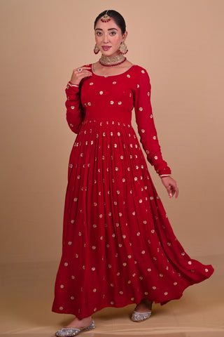 Red Block printed Anarkali & Jacket set