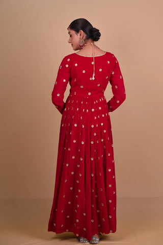 Red Block printed Anarkali & Jacket set