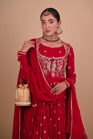 Red Block printed Anarkali & Jacket set