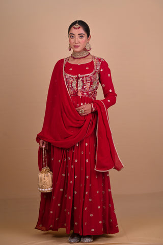 Red Block printed Anarkali & Jacket set