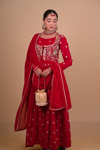 Red Block printed Anarkali & Jacket set