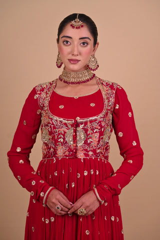 Red Block printed Anarkali & Jacket set