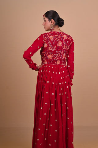 Red Block printed Anarkali & Jacket set