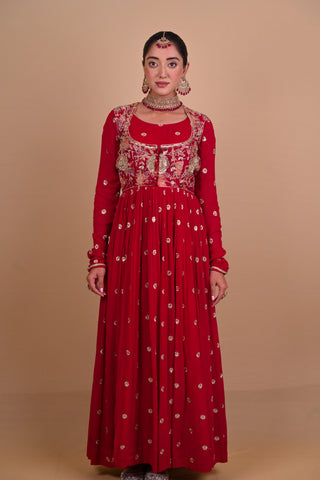 Red Block printed Anarkali & Jacket set