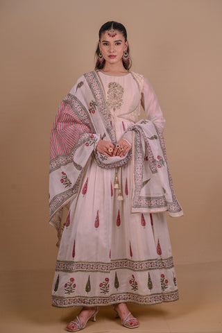 Ivory block printed Chanderi Anarkali
