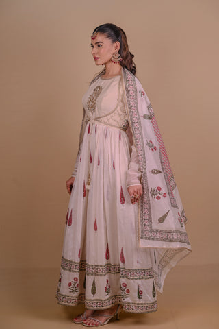 Ivory block printed Chanderi Anarkali