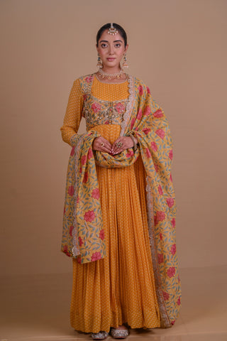Yellow Block printed Anarkali & Jacket set