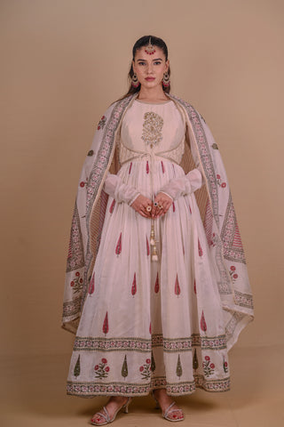Ivory block printed Chanderi Anarkali