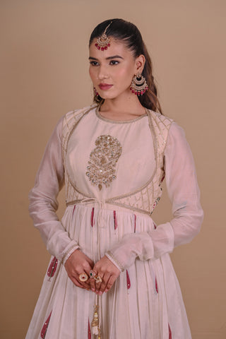 Ivory block printed Chanderi Anarkali
