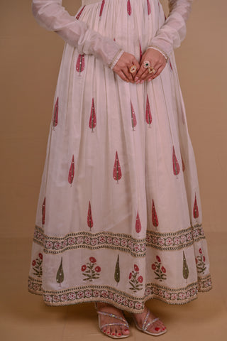 Ivory block printed Chanderi Anarkali