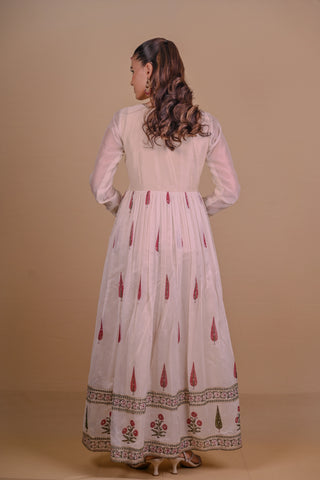 Ivory block printed Chanderi Anarkali