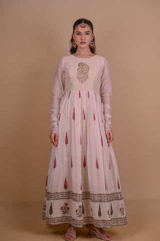 Ivory block printed Chanderi Anarkali