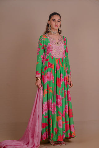 Green Floral Anarkali set