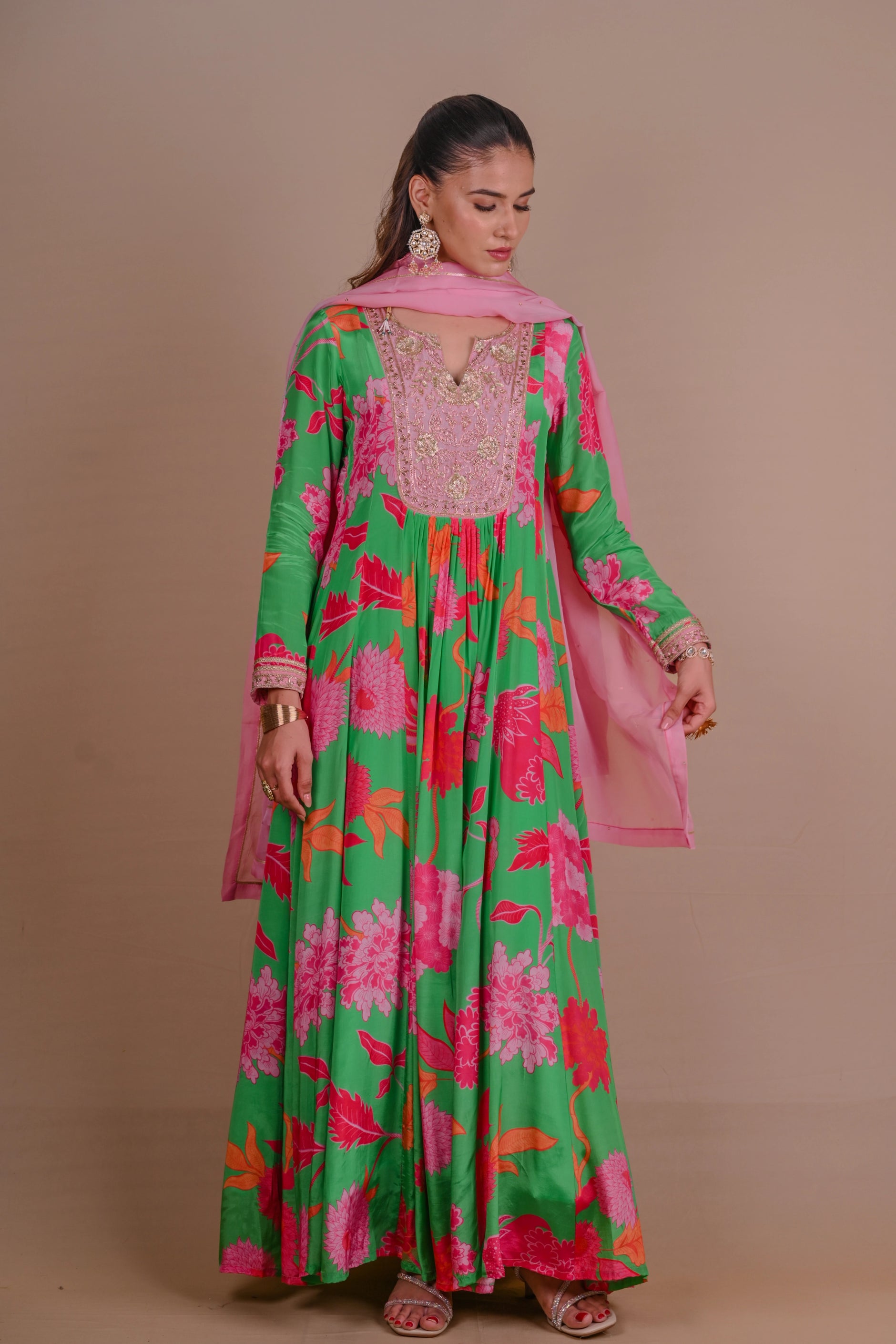 Forest green kalidar Anarkali in crepe silk The Ray Label Forest green kalidar Anarkali in crepe silk The Ray Label