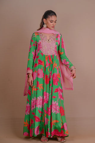 Green Floral Anarkali set