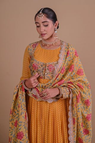 Yellow Block printed Anarkali & Jacket set
