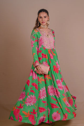 Green Floral Anarkali set