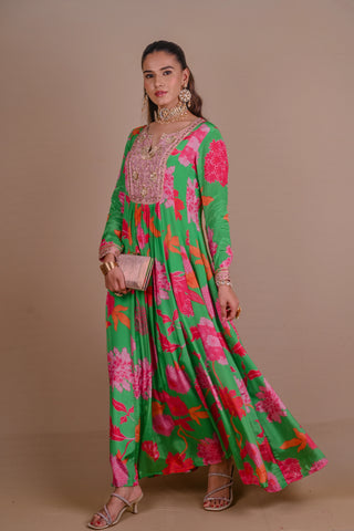 Green Floral Anarkali set