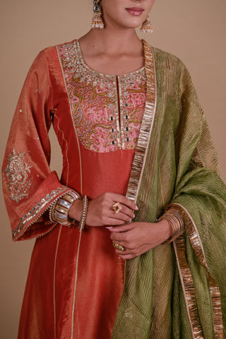 Rust brown tissue silk kurta set