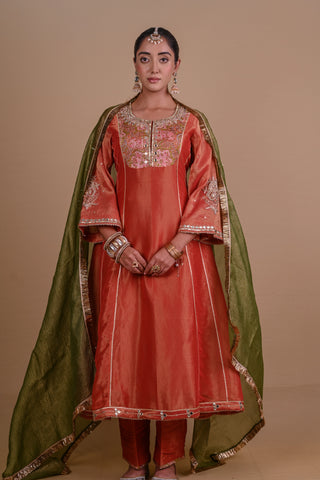 Rust brown tissue silk kurta set