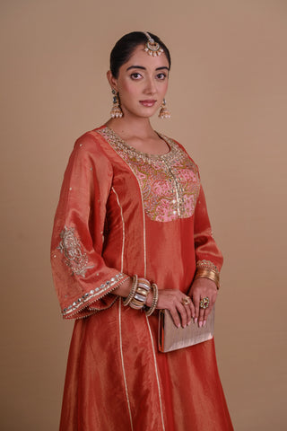 Rust brown tissue silk kurta set